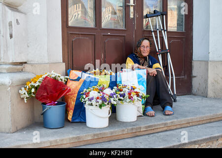 Venditore di fiori, Cluj-Napoca, Romania anziani disabili lady Foto Stock