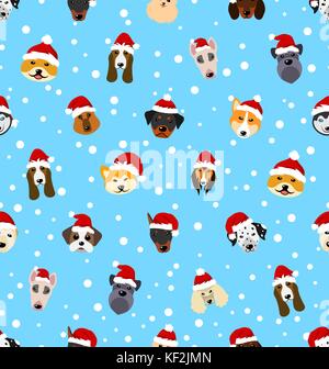 Modello senza cuciture con razze diverse di cani in cappelli di Babbo Natale, simboli nuovo anno 2018 Illustrazione Vettoriale