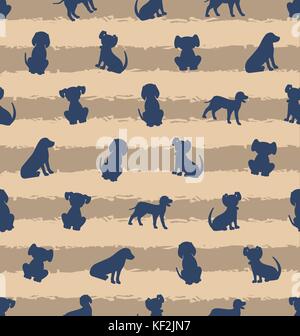 Modello senza cuciture con razze diverse di cani, texture con sagome di cuccioli Illustrazione Vettoriale