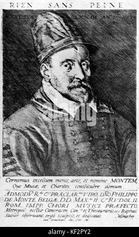 Ritratto di Philippe de Monte / Philippus de Monte, (1521 - 4 luglio 1603), compositore fiammingo del tardo Rinascimento. Membro della terza generazione madrigalists e scrisse più madrigali rispetto a qualsiasi altro compositore del tempo. Dopo una incisione da Raffaello Sadeler. Foto Stock