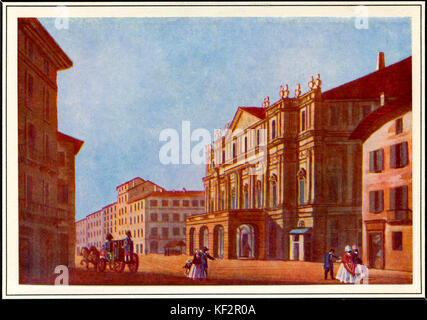 Street view del Teatro alla Scala. Opera House di Milano, Italia. Inaugurato il 3 agosto 1778 e originariamente conosciuto come il nuovo Royal-Ducal Teatro alla Scala (Italiano: Nuovo Regio Ducale Teatro alla Scala). Foto Stock