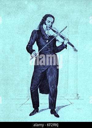 Niccolò Paganini suona il violino. L'Italiano violinista e compositore, 27 Ottobre 1782 - 27 maggio 1840. Il tappo si legge "Il primo violino giocatore del suo tempo presso il Teatro Nazionale a Nurnberg 9 Novembre, 1829. L'Italiano violinista e compositore 1782-1840 Foto Stock