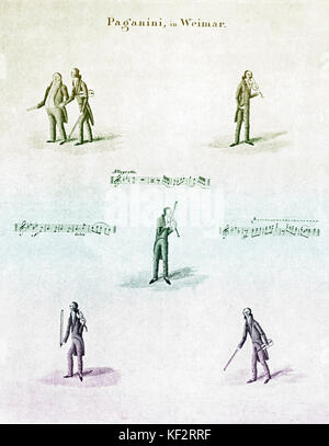 PAGANINI a Weimar - caricatura del violinista e compositore Niccolò Paganini azienda / suonare il violino. Anche i punteggi. Il violinista italiano 27 Ottobre 1782 - 27 Maggio 1840 Foto Stock