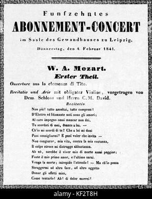 Concerto di Mozart - programma. 4 febbraio 1841, Gewandeshaus, Lipsia. Disposto e in parte eseguita da Felix Mendelssohn. Compositore tedesco, 3 febbraio 1809 - 4 novembre 1847. Foto Stock