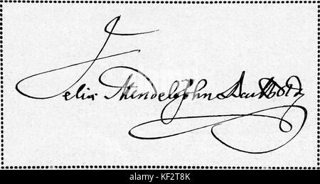 Felix Mendelssohn 's firma. Dalla lettera inviata al Bietro Machetti a Vienna, Austria, 30 luglio 1841. FM: compositore tedesco, 3 febbraio 1809 - 4 novembre 1847. Foto Stock