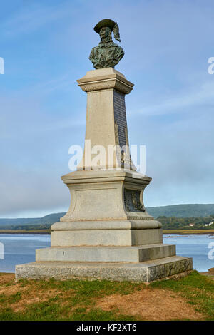 Pierre Dugua Sieur de Mons monumento, Charles Fort National Historic Site, Fort Anne, Annapolis Royal Nova Scotia, Canada Foto Stock