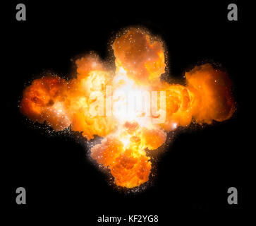 Fiery realistica esplosione con scintille su uno sfondo nero. bolide detonazione Foto Stock