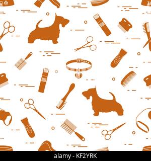 Modello con il cane, pettini, collare, guinzaglio, rasoio, asciugacapelli, ciotola, forbici. health care, toelettatura, prendersi cura di un cane, mostra. Illustrazione Vettoriale