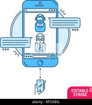 Concetto chatbot. l uomo in chat con chat bot sullo smartphone. design piatto di stile moderno minimalista di vettore illustrazione del concetto di business, sito banne Illustrazione Vettoriale