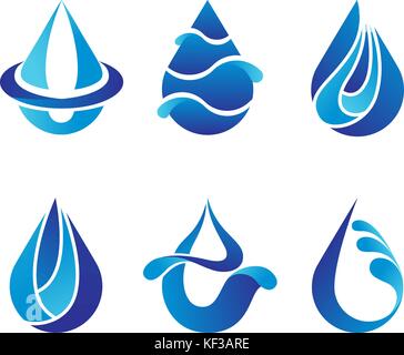 Set di blu astratto di gocce di acqua simboli, logo modello. acqua pulita, spa. set di acqua goccia icone. illustrazione vettoriale Illustrazione Vettoriale