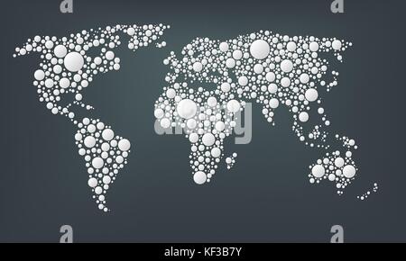 Progettazione di una mappa di punti del mondo. astratto mondo mappa fatta dal grande tondo bianco punti isolati su uno sfondo scuro. punti stile. illustratio vettore Illustrazione Vettoriale