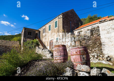 Vecchi barili visto al di fuori di una casa abbandonata in smokvica. Questa zona ha una lunga tradizione di produzione di vino ed è ben conosciuta per i due vini bianchi Foto Stock