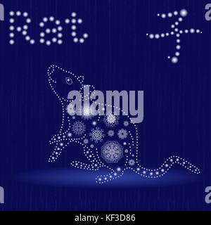 Il cinese segno zodiacale di ratto, elemento fisso acqua, simbolo del nuovo anno sul calendario Orientale, disegnati a mano illustrazione vettoriale con i fiocchi di neve e la luce sph Illustrazione Vettoriale