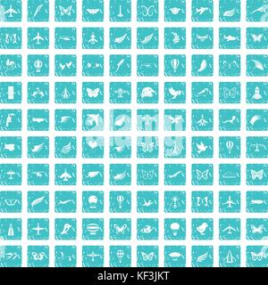 100 fly set di icone blu grunge Illustrazione Vettoriale