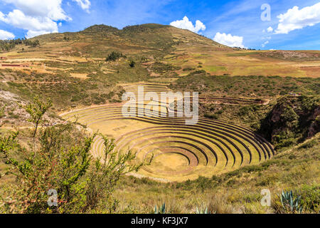 Moray cerchi, di forma rotonda inca storico sito agriciltural sulle colline, urubamba provnce, Perù Foto Stock