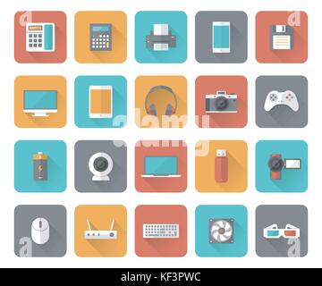 Set di 25 ufficio di Piana, business, media e web design icone con lunghi effetto ombra. Illustrazione Vettoriale