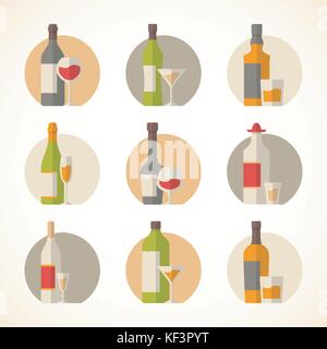 Set di vettore icone di alcool in un appartamento di stile di design Illustrazione Vettoriale