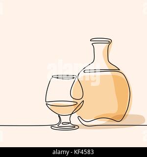 Bottiglia di cognac e vetro isolato su sfondo bianco. rappresentazione in linea continua. colore soffice illustrazione vettoriale Illustrazione Vettoriale