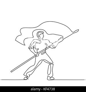Uomo con bandiera. rappresentazione in linea continua Illustrazione Vettoriale