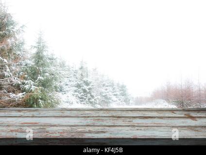 Composito Digitale del pavimento in legno con la neve sullo sfondo a tema Foto Stock