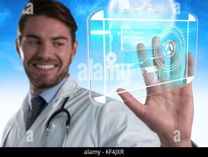 Composito digitale la tecnologia di interfaccia e medico uomo toccando aria nella parte anteriore della luna Foto Stock