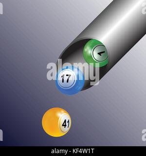 3d illustrazione della lotteria bingo sfere che esce da un tubo metallico sullo sfondo Illustrazione Vettoriale