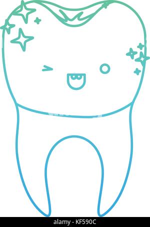 Kawaii dente con la corona dentale e radice in degradato da verde a blu di contorno a colori Illustrazione Vettoriale
