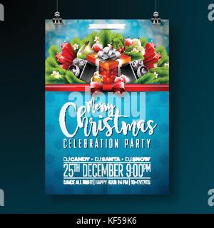 Vector Merry Christmas party design vacanza con elementi di tipografia e altoparlanti su sfondo lucido. celebrazione fliyer illustrazione. eps 10. Illustrazione Vettoriale
