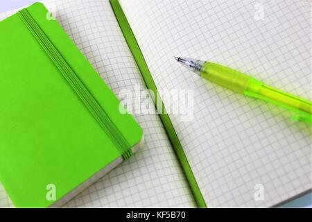 Una immagine di un libro bianco a blocco con una penna e spazio di copia Foto Stock