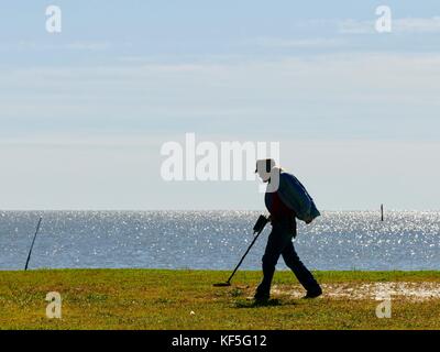 Uomo in silhouette ricerca massa usando un rivelatore di metalli nel parco cittadino con acqua del golfo in background. Cedar Key, Florida, Stati Uniti d'America Foto Stock
