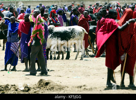 Maasai tribesmen in un colorato bovini e prodotti freschi di mercato nel nord della Tanzania. Foto Stock