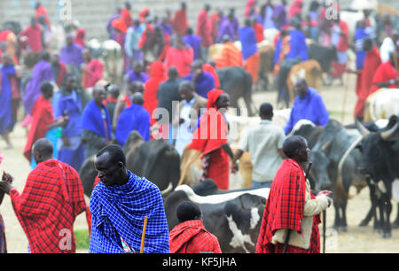 Maasai tribesmen in un colorato bovini e prodotti freschi di mercato nel nord della Tanzania. Foto Stock