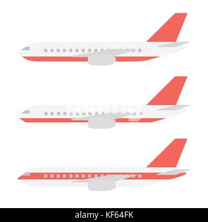 Impostare il trasporto realistico di un aereo o di un aereo di linea con strisce rosse, ali e motori in design piatto - vettore Illustrazione Vettoriale