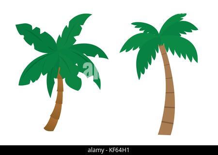 Set di cartoon palms con tronco marrone e verde foglie dipinte dal design piatto - illustrazione di vettore isolato su sfondo bianco Illustrazione Vettoriale