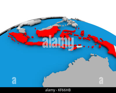 Indonesia evidenziata in rosso sul globo politico. Illustrazione 3D. Foto Stock