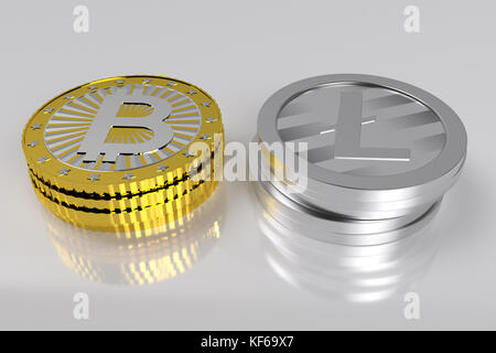 Pile di bitcoins d'oro e argento litecoins, rendering 3D Foto Stock