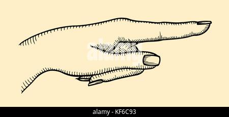 Puntare il dito. vettore annata nera illustrazioni incise isolato su sfondo beige. mano segno per il web, poster, grafica info Illustrazione Vettoriale