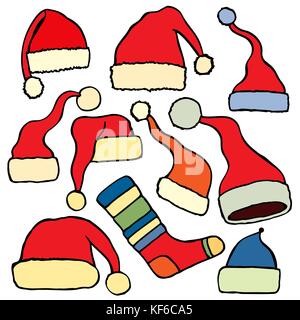 Set di Natale rosso santa claus hat, calza su sfondo bianco Illustrazione Vettoriale