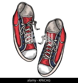 Illustrazione Vettoriale rosso sport sneakers con lacci bianco isolato su sfondo bianco, disegnati a mano, vista dall'alto Illustrazione Vettoriale