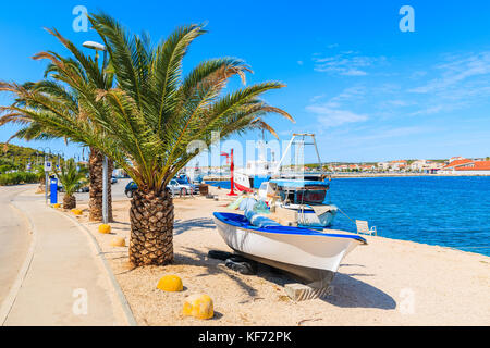 Barca da pesca sotto il palm tree sulla riva del mare nella città di Rogoznica, Dalmazia, Croazia Foto Stock