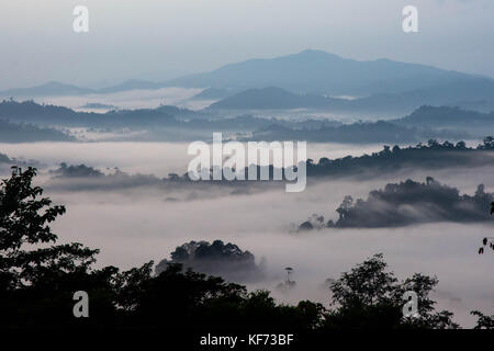 Danum Valley nella luce del mattino prima che si alza il sole brucia e le nuvole di distanza. Foto Stock