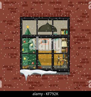Finestra di natale in un muro di mattoni. Illustrazione Vettoriale