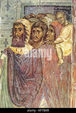 Repubblica di Macedonia gorno nerezi chiesa di San Panteleimona - Affresco 1164 , dettaglio di entri di Gerusalemme - un gruppo di caratteri Foto Stock