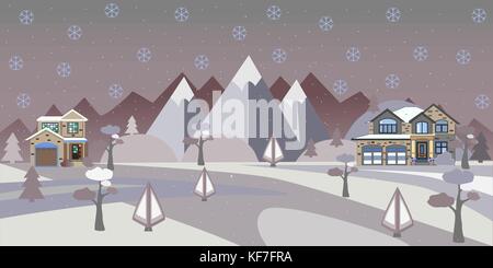 In inverno il paesaggio innevato con case e alberi e montagne. suburban edifici nel paesaggio invernale. flat illustrazione vettoriale. Dettagliata progettazione casa Illustrazione Vettoriale