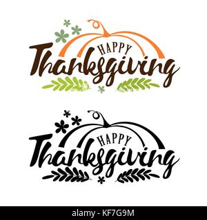 Disegnata a mano felice ringraziamento tipografia poster. celebrazione di citare 'happy thanksgiving' con zucca e foglie di ringraziamento cartolina, icona o badge. vettore calligraphy lettering preventivo di vacanza Illustrazione Vettoriale