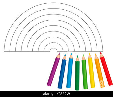 Colorazione immagine con otto brevi baby matite colorate che indicano che i colori da utilizzare per un luminoso e brillante arcobaleno - illustrazione su sfondo bianco. Foto Stock