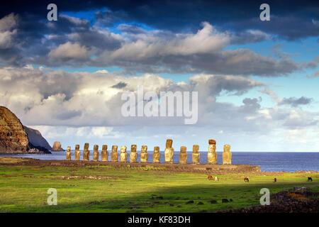 Isola di Pasqua, Cile, Isla de Pascua, Rapa Nui, cavalli pascolano nella parte anteriore del moai statue a ahu tongariki site alla base del vulcano poike Foto Stock