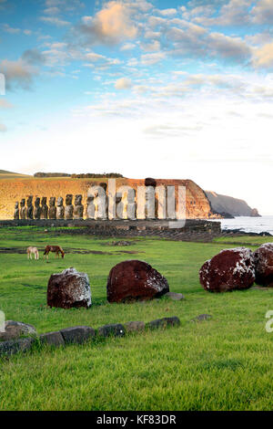 Isola di Pasqua, Cile, Isla de Pascua, Rapa Nui, cavalli pascolano nella parte anteriore del moai statue a ahu tongariki site alla base del vulcano poike Foto Stock