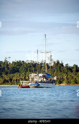 Indonesia, isole mentawai, kandui resort, barca a vela alla ricerca di onde in oceano indiano, beng beng Foto Stock