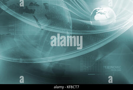 Problemi economici mondiali con grafico di analisi in background, globo terrestre nel centro coperti da linee di onda. 3D Rendering 3D illustrazione Foto Stock